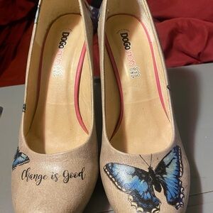 Dogo Women's Tan Heels with Blue Butterfly Design